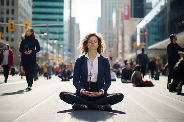 A person conducting stress-reduction exercises in a busy urban setting.

