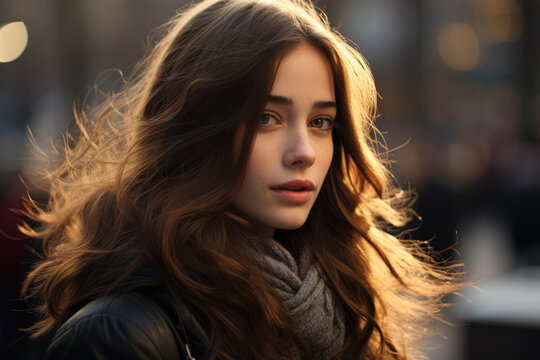 A woman with long hair walking on a busy street. She  wearing a black jacket and a gray scarf
