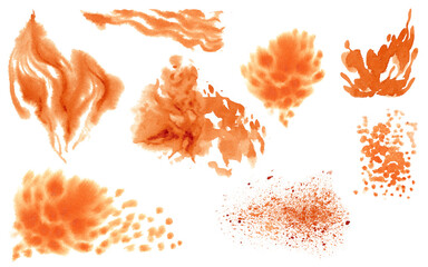 Abstract watercolor orange background with spots, washes, splashes, stripes, waves, color gradient.