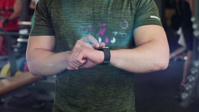 Close up of active sport man in the gym check health indicator and heart rate on smartwatch. Future technology concept of humanity. 3D render animation.