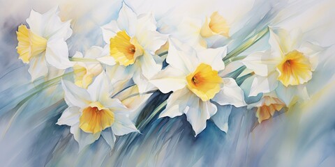 Daffodil Watercolor Ethereal Blooms - Watercolor Whispers - Unveiling Daffodils' Mystical Beauty.   Generative AI Digital Illustration