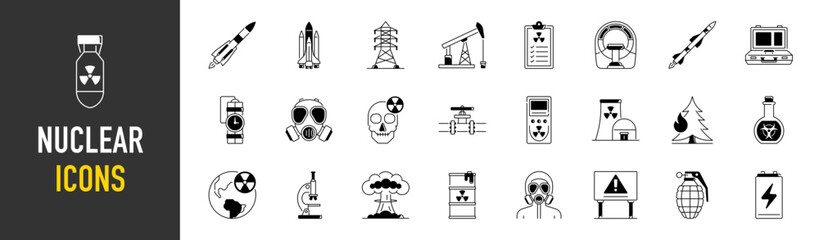 Energy and nuclear related icon set. Electricity and weapon vector icons.
