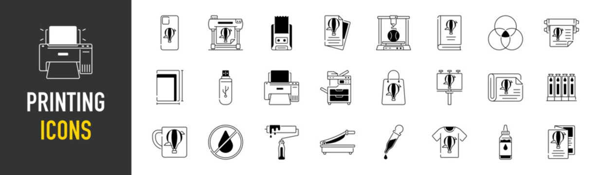 Printing vector icon set in flat style