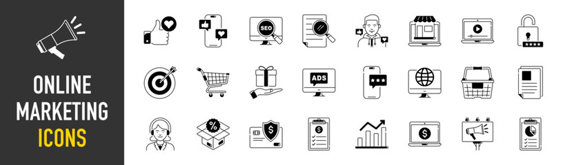 Digital marketing and SEO icons set. Marketing & Search Engine Optimization icon collection. Website, search, mail, analysis, content, strategy, development, store - stock vector.