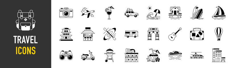 Travel icon set. Summer vacations and holiday symbol vector illustration. Collection of traveling and tourism elements.
