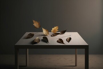Minimalist arrangement: wooden table with dry leaves. Generative AI