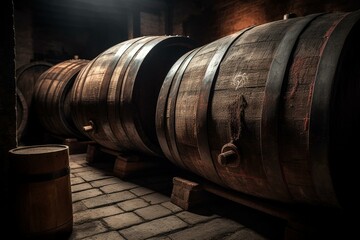 Detailed view of large wooden wine casks kept in basement. Generative AI