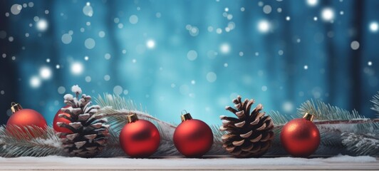 Festive christmas ornaments advent celebration holiday holidays banner greeting card - Collection of many red christmas bauble on snow table, with blue sky and snowflakes in background (Generative Ai)