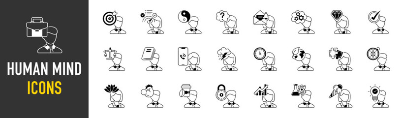 Human mind idea icon vector illustration for web and app. Thinking Heads of goal, question, book, diamond, time, call, idea, growth and more.
