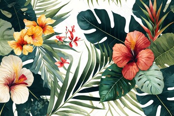 Tropical watercolor pattern depicting orchids, hibiscus, and leaves. Generative AI