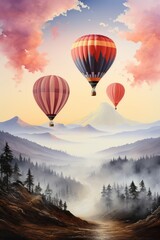 In a pink and purple sky, hot air balloons fly over mountains with people on the ground. (Generative AI)