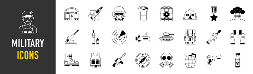 Set of war, military, army icons. Military Equipment, tools, aids and appliances. collection and pack of icons. 