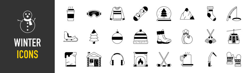 Winter vacation related pixel perfect icons set with different seasonal rest and holidays accessories and elements. Vector illustration.