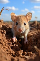 A ground hole reveals a small peeking rodent. (Generative AI)