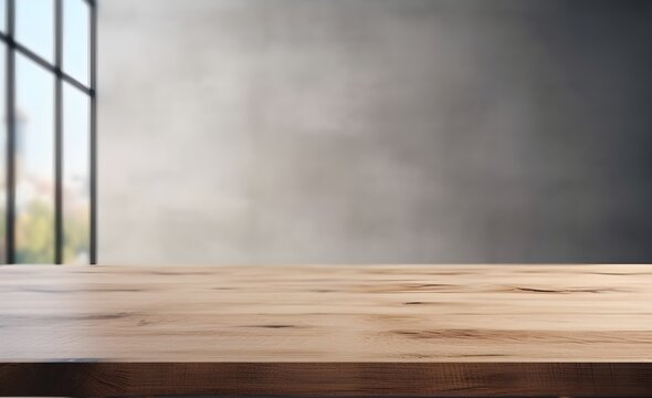wooden table for product display with cement wall background, minimalist interior