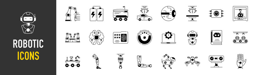 Robotic icons. Icon set with machine learning, brain, ai, head, machine, technology, AI and more.