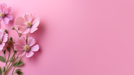 pink and white flowers on a pink background with copy space