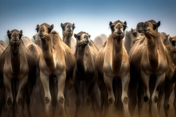 Portrait of a camel caravan. Amazing wild life. Generative Ai