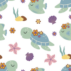 Naklejka na ściany i meble seamless pattern with turtle, fish