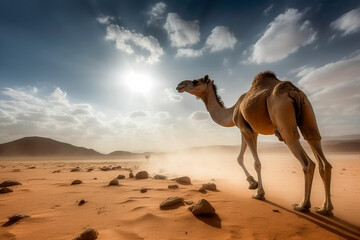 Camel walking through the sahara desert . Travel and Adventure concept. Generative Ai