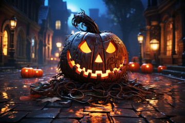 Halloween pumpkin jack o lantern in the dark night generative ai