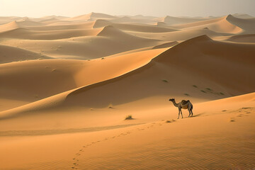 Fototapeta na wymiar Camel walking through the sahara desert . Travel and Adventure concept. Generative Ai
