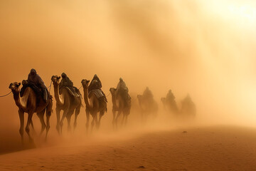 Camel caravan through the sahara desert in a sand storm. Amazing African Wildlife. Generative Ai