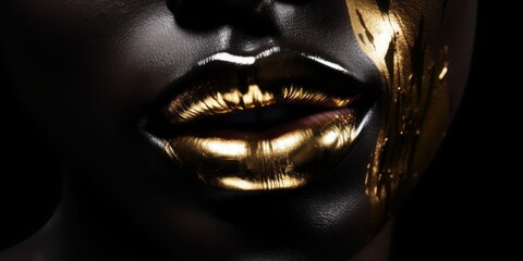 Golden Lips, Close-Up of Frontal Black Womans Face with Highlighted Golden Lips in Dark Paradise Style