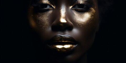 Golden Lips, Close-Up of Frontal Black Womans Face with Highlighted Golden Lips in Dark Paradise Style