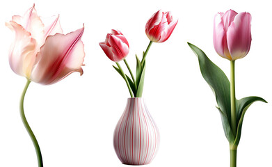 Obraz premium Set of pink tulips/flowers. Pink tulip with wavy edges close-up. Two tulips in a ceramic vase. Isolated on a transparent background. KI.
