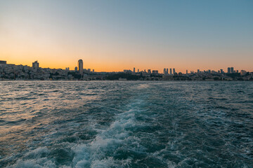 Ferry travel and the waves it creates. sea ​​waves. The waves left behind by a boat navigating the Bosphorus. İstanbul, Türkiye