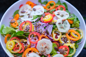 white ceramic bowl filled with colorful fresh lettuce and roasted lettuce seeds