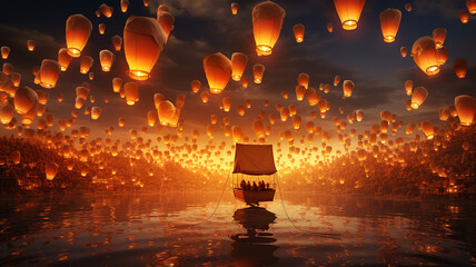 3d illustration of many yee peng paper balloon and fire in air in asia. Generative Ai