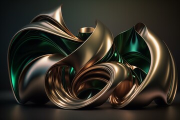 Twisted waves in bronze and deep green, modern minimalist industrial design and smooth blend. 3D rendered art with Unreal Engine 5 studio lighting. Generative AI
