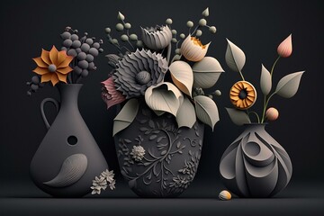 3d floral vessels set against charcoal backdrop. Generative AI