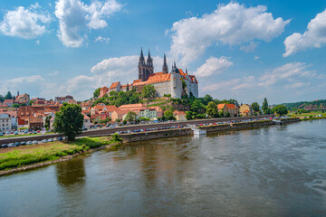 Famous ancient medieval Meissen Castle, Fortress and Cathedral near Dresden at Elbe river. Sunny...