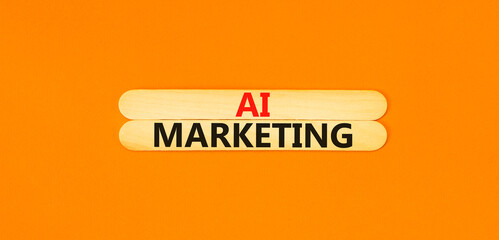 AI marketing symbol. Concept words AI artificial intelligence marketing on beautiful wooden stick. Beautiful orange background. Business AI artificial intelligence marketing concept. Copy space.