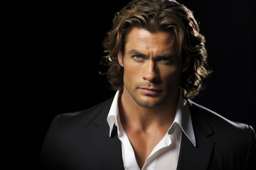 A man wearing a black suit jacket and a white collared shirt on black background