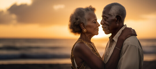 Elderly pair hugging, sharing love at dusk