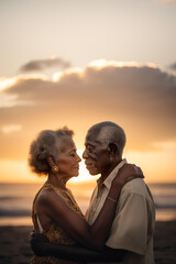 Senior couple hugging, embracing love at sunset