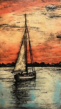Generative AI, Painted art sailboat, Harbor on the sunset. Cumulus Clouds. Hand drawn ship