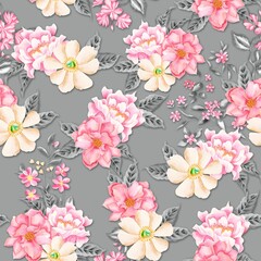 Watercolor flowers pattern, pink and yellow tropical elements, gray leaves, gray background, seamless