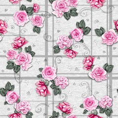 Watercolor flowers pattern, pink roses, green leaves, gray plaid background, seamless