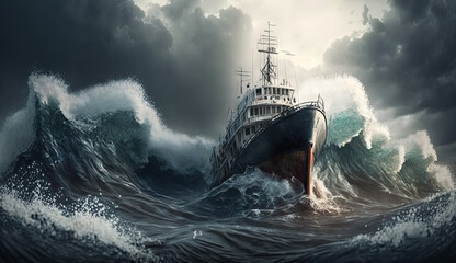 Ship in the stormy sea with huge waves. Giant stormy waves in the ocean and boat. Generated AI. © swillklitch
