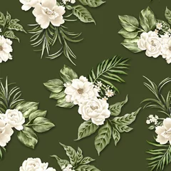 Poster Watercolor flowers pattern, white tropical elements, green leaves, green background, seamless © Leticia Back