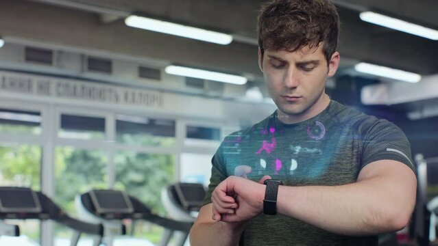 Active sport man in the gym check health indicator and heart rate on smartwatch. Future technology concept of humanity. 3D render animation.