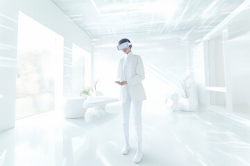 Fototapeta premium VR goggles technology concept with a person wearing virtual reality glasses device in white room. Generated AI.