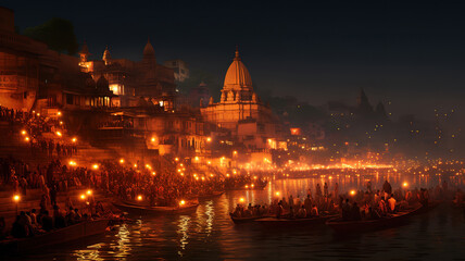 People gather at the ghats in Varanasi for Dev Deepawali with candles lit. Generative Ai