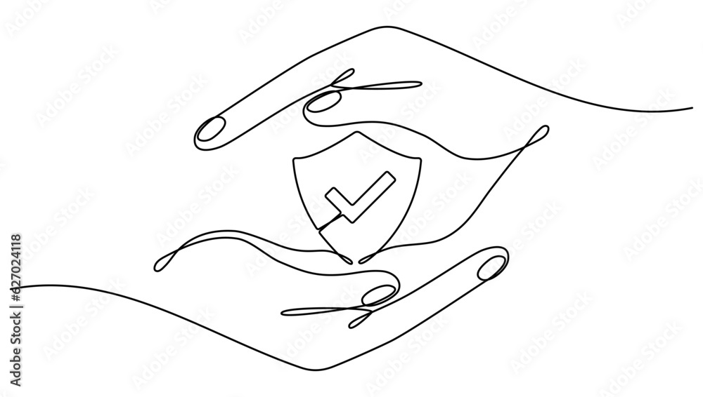 Poster hands hold shield badge with checkmark continuous one line art drawing. approval check contour line 