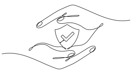 Hands hold shield badge with checkmark continuous one line art drawing. Approval check contour line sign. Vector illustration isolated on white. - obrazy, fototapety, plakaty